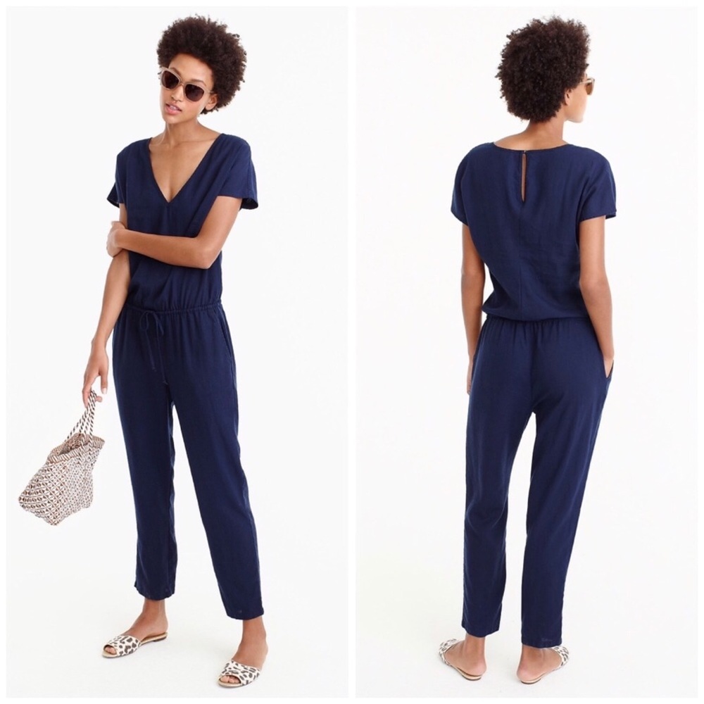 J. Crew Relaxed Navy Jumpsuit Linen Tencel Blend